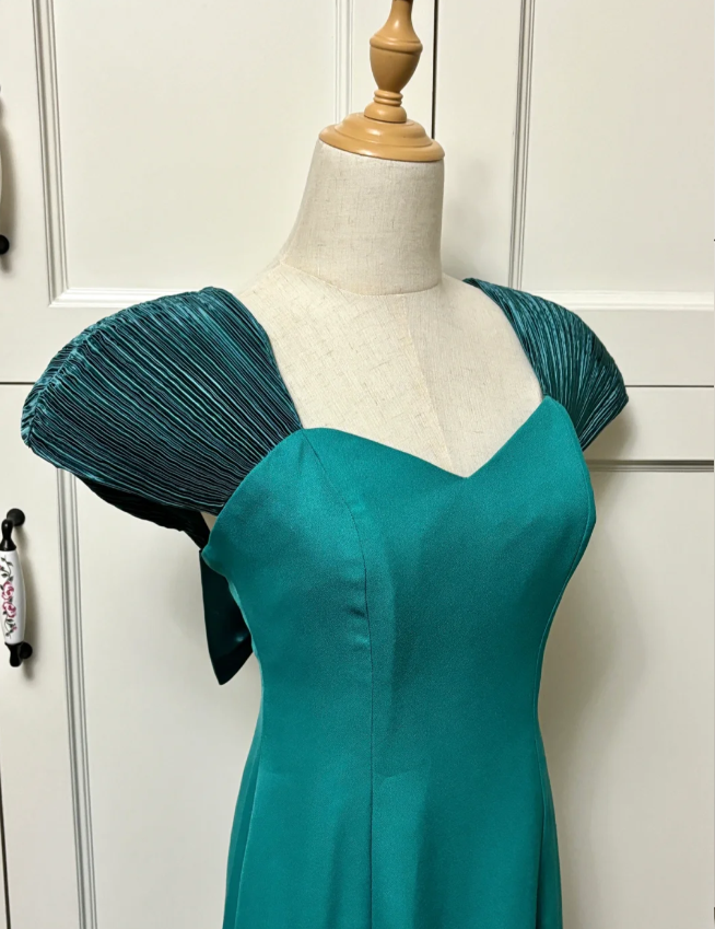 Elegant Teal Bow Fitted Satin Long Prom Dress Evening Dress P4191