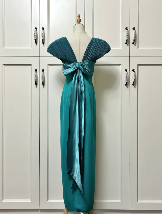 Elegant Teal Bow Fitted Satin Long Prom Dress Evening Dress P4191