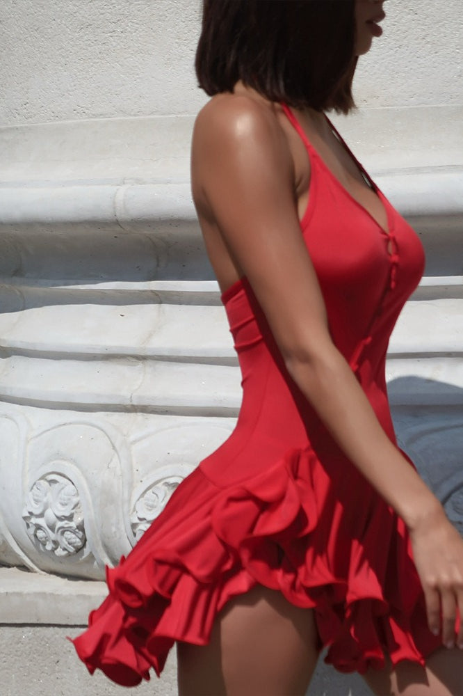 Halter Ruffle Button-Down Bodycon Mini Dress