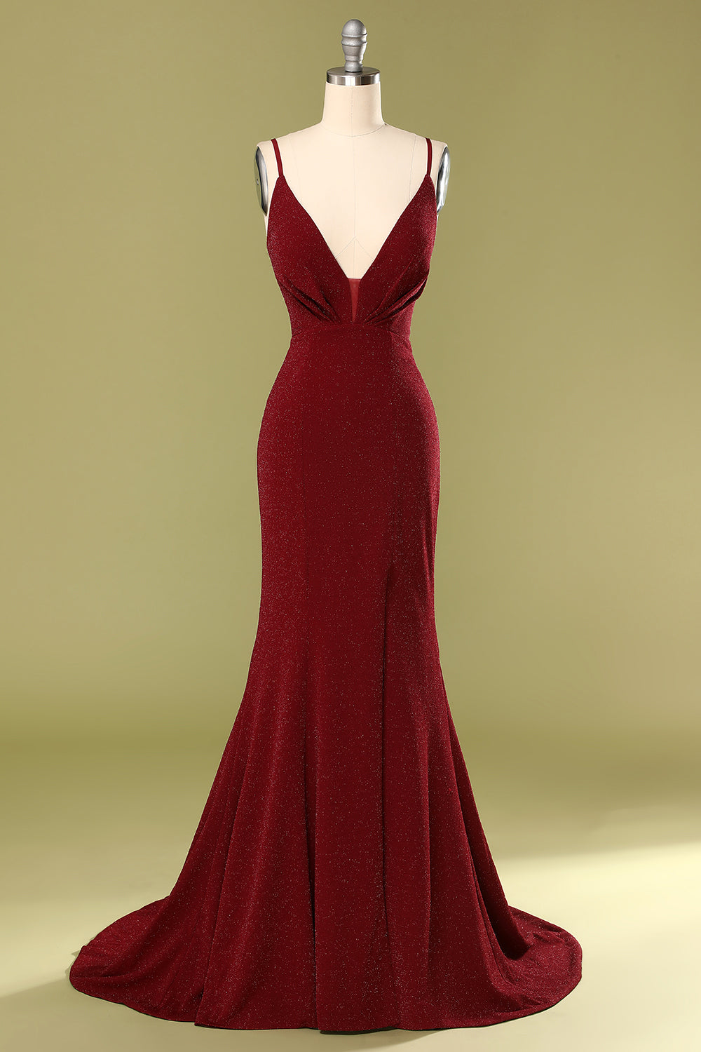Burgundy V-neck Evening Dress - Fashionpara