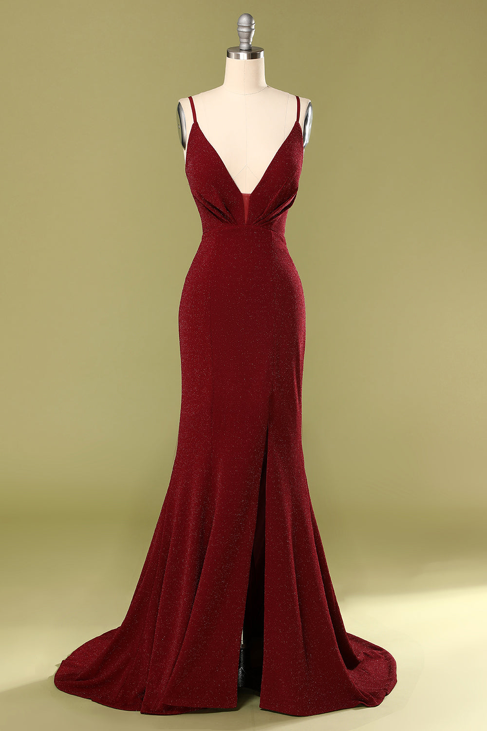 Burgundy V-neck Evening Dress - Fashionpara