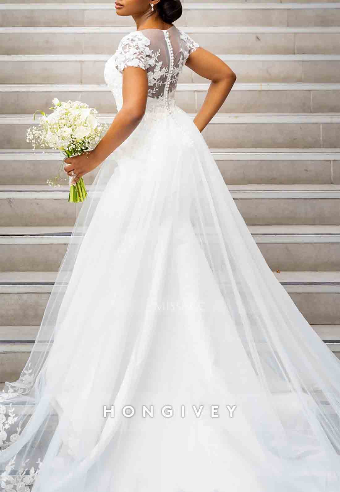 Short Sleeves Lace V-Neck Trumpet Tulle Pleated Sweep Train Wedding Dresses