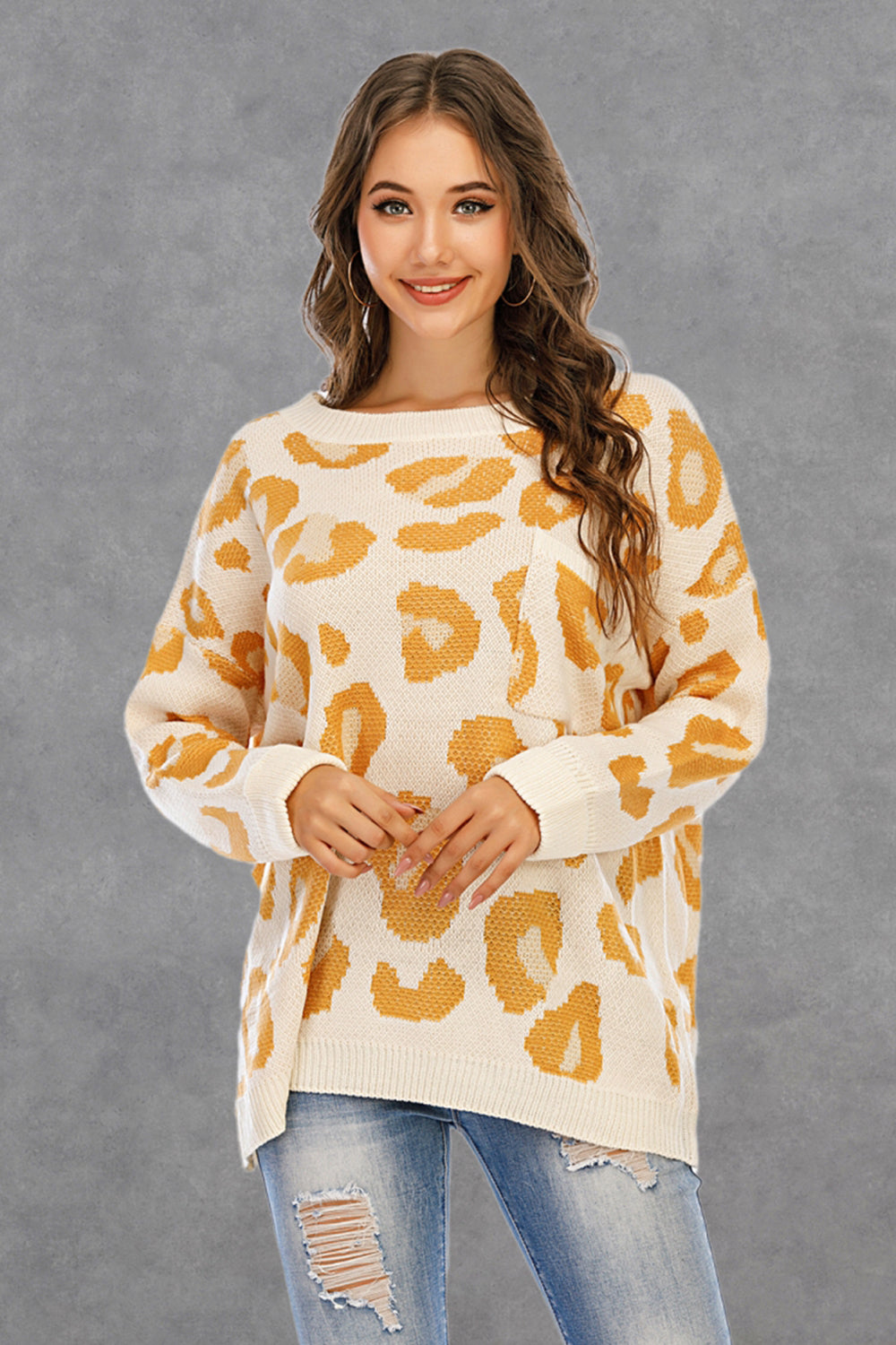 RadyRin Round Collar Leopard Knitted Sweater for Style
