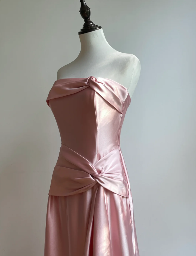 Elegant Champagne A-line Strapless Twisted Satin Long Prom Dress Evening Dress Bridesmaid Dress P4192