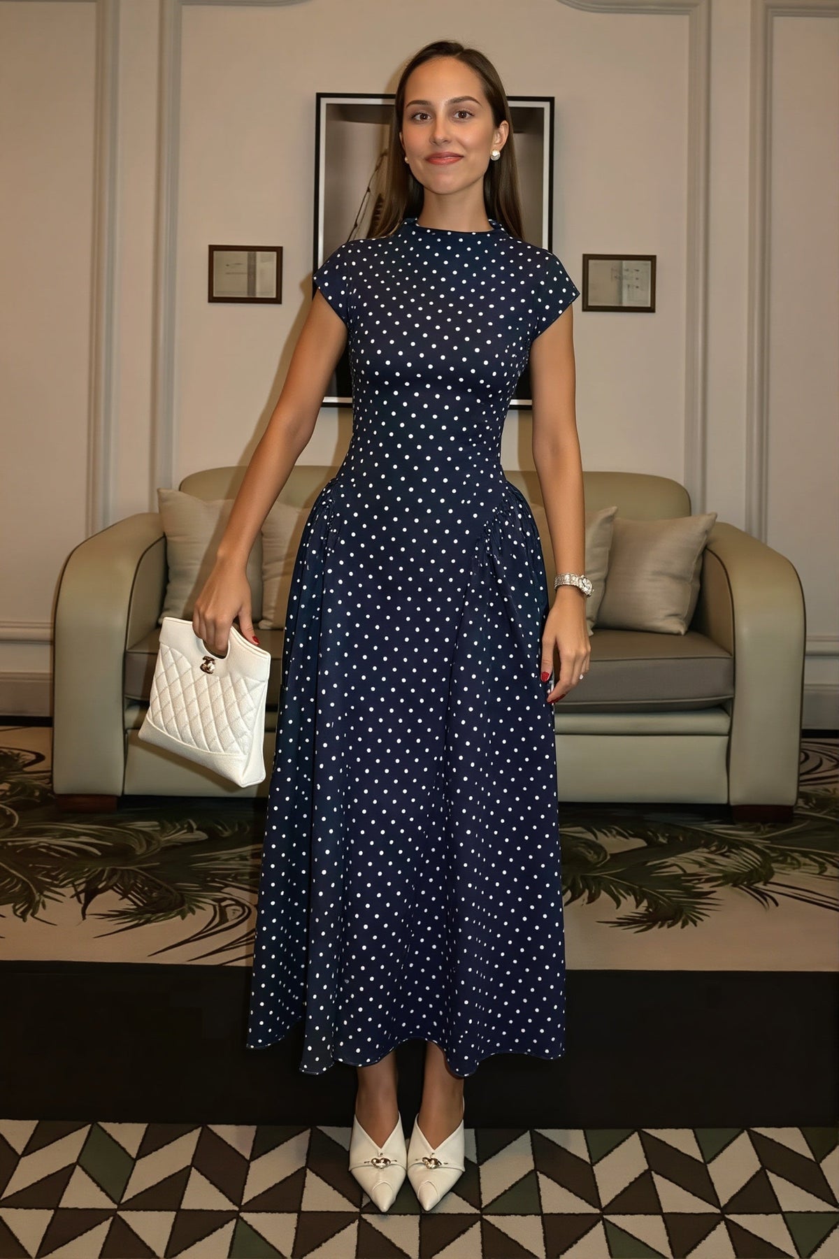 Polka Dot High Neck Cap Sleeve Ruched Maxi Dress