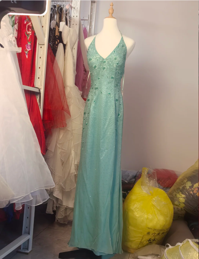 Elegant Mint Green Fitted Beaded Halter Neck Backless Long Prom Dress Evening Dress P4193