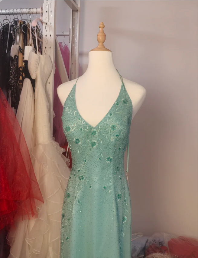 Elegant Mint Green Fitted Beaded Halter Neck Backless Long Prom Dress Evening Dress P4193
