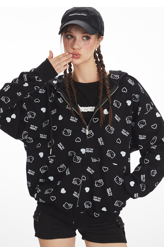 Loose Cat Print Zip Hoodie - Fashionpara