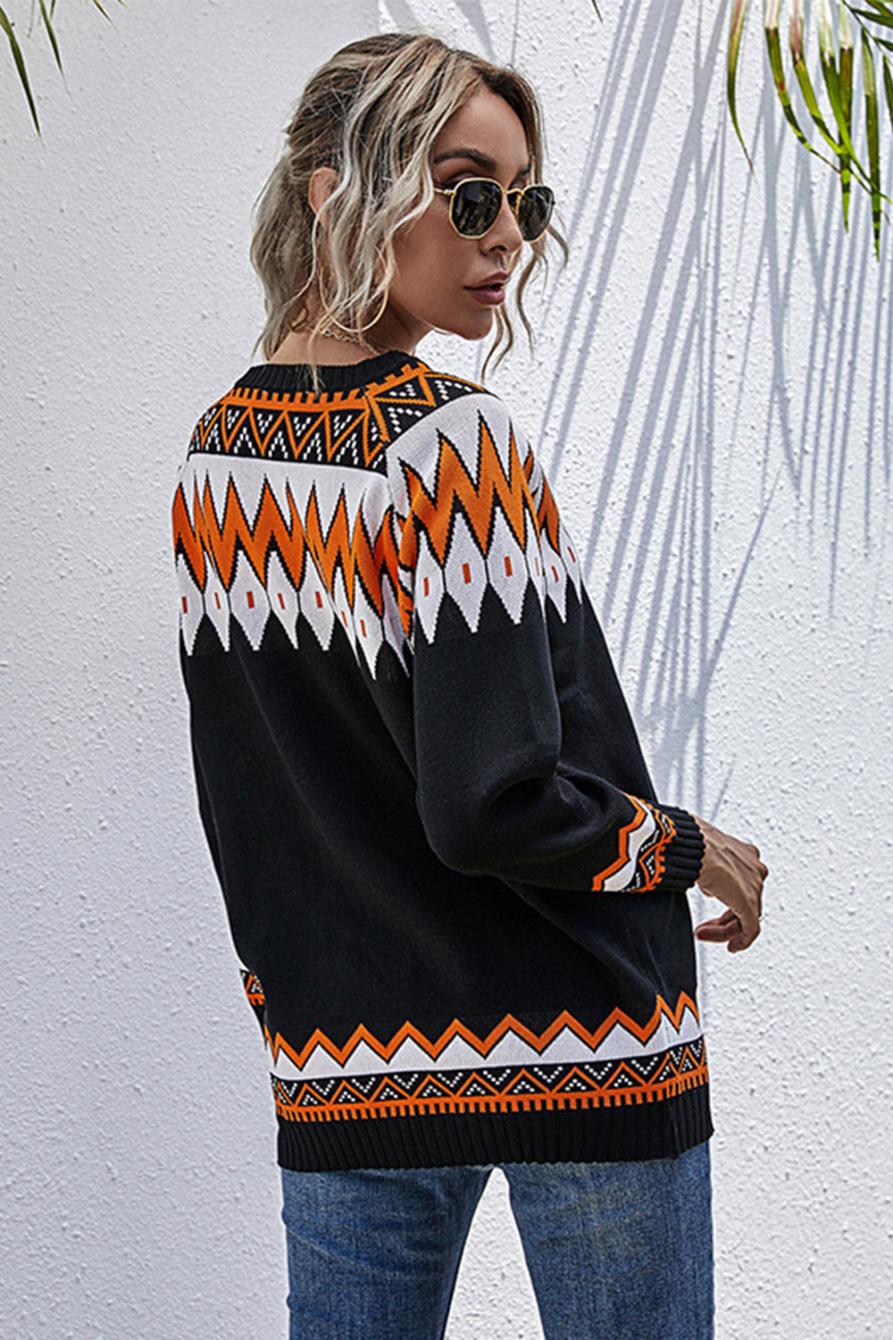 RadyRin Loose Contrast V-neck Pullover Sweater for Style