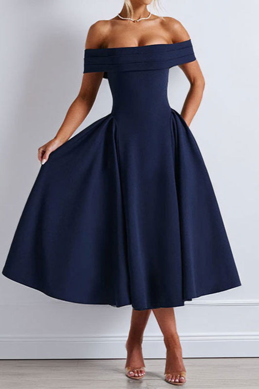 Off-Shoulder Waist-Cinched Solid Party Dress