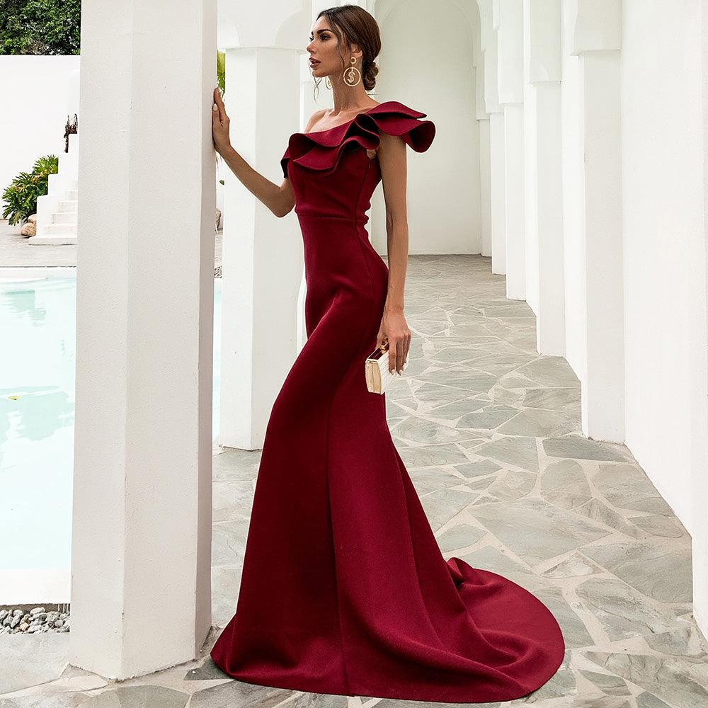 Ruffled Single Shoulder Evening Dress - Fashionpara