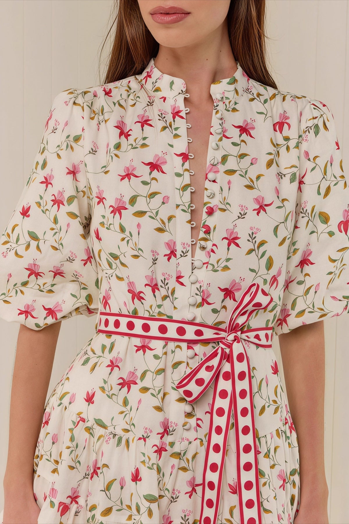 Floral High Neck Puff Sleeve Belted Fit and Flare Dress