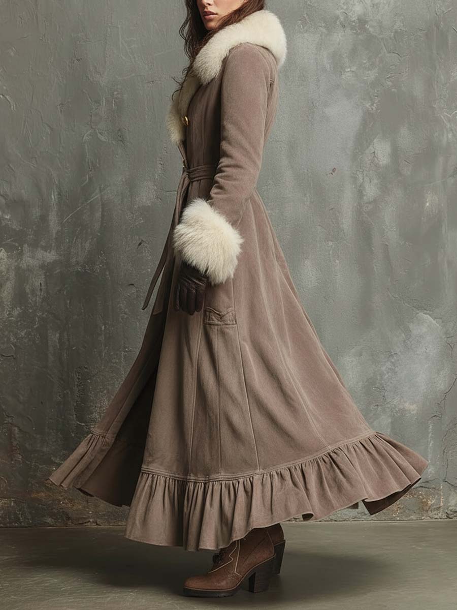 Long Suede Trench Coat With Faux Fur Collar & Cuffs – Mocha Taupe