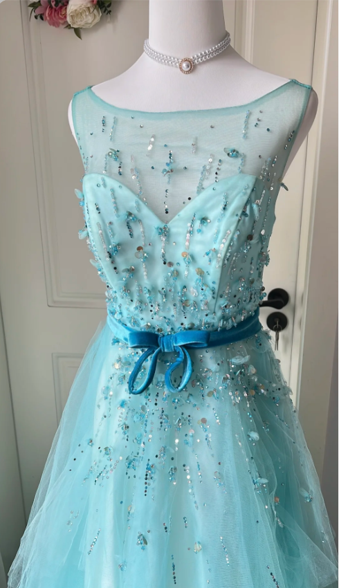 Dreamy Princess Blue A-line Round Neck Sequined Tulle Long Prom Dress Evening Dress P4195