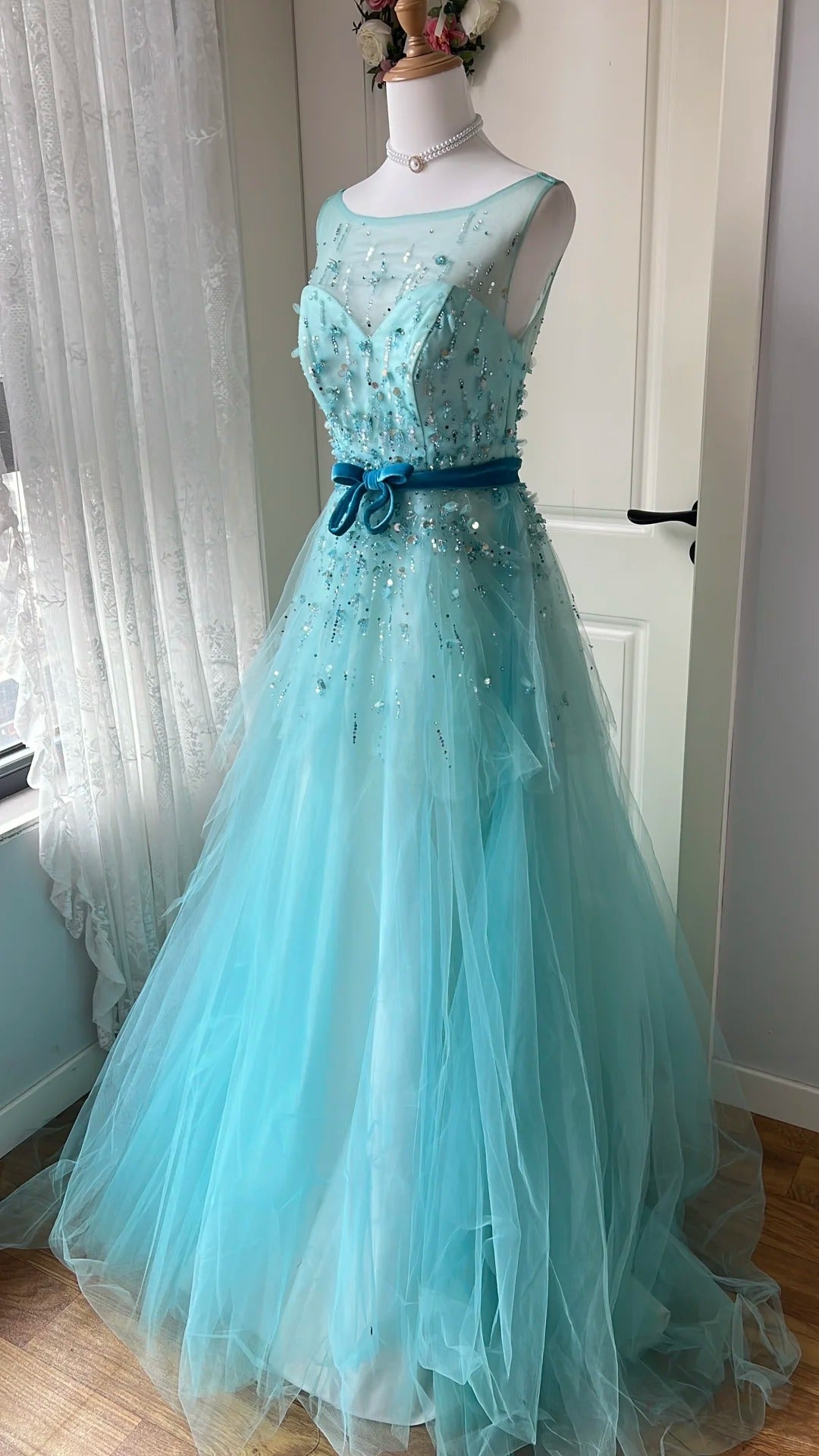 Dreamy Princess Blue A-line Round Neck Sequined Tulle Long Prom Dress Evening Dress P4195
