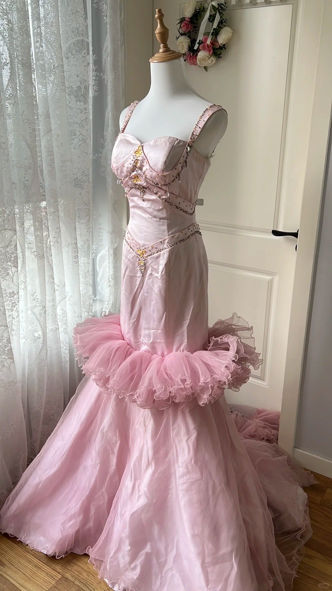Vintage Princess Pink Mermaid Satin Tulle Train Prom Dress Evening Dress P4196