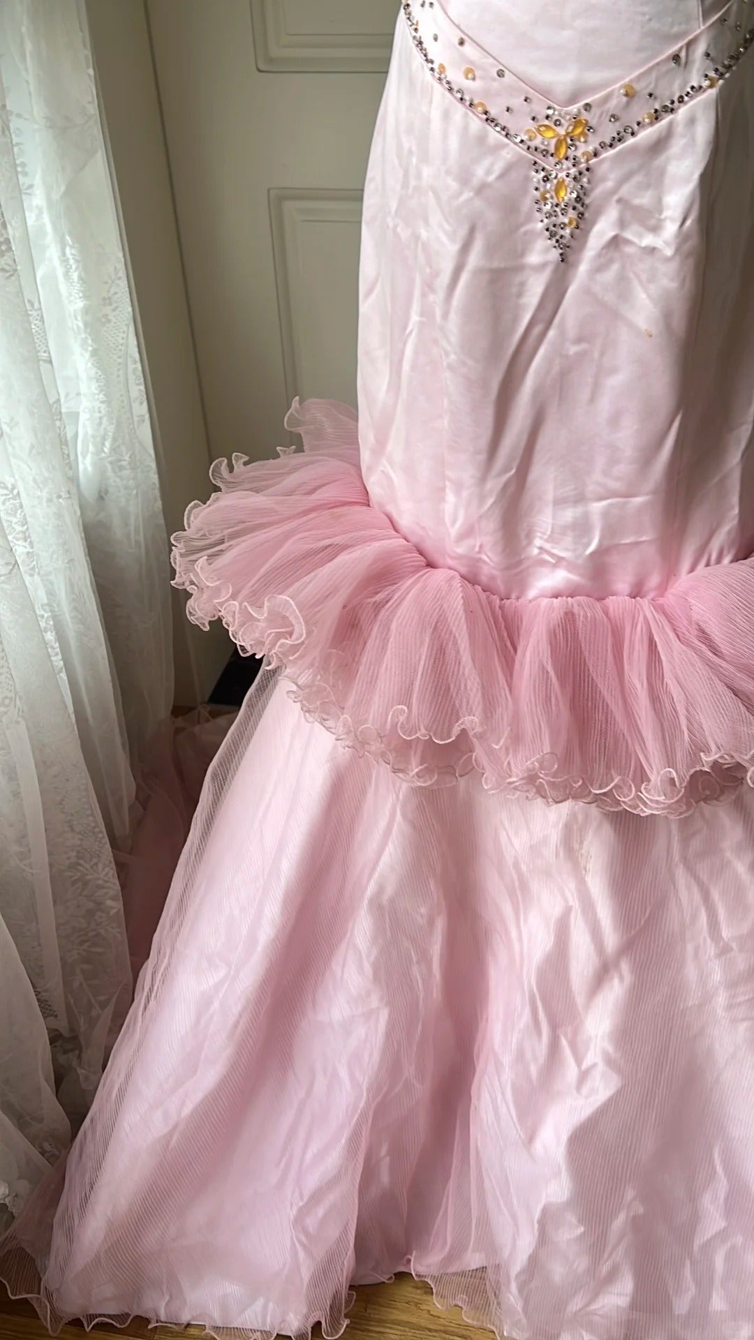 Vintage Princess Pink Mermaid Satin Tulle Train Prom Dress Evening Dress P4196