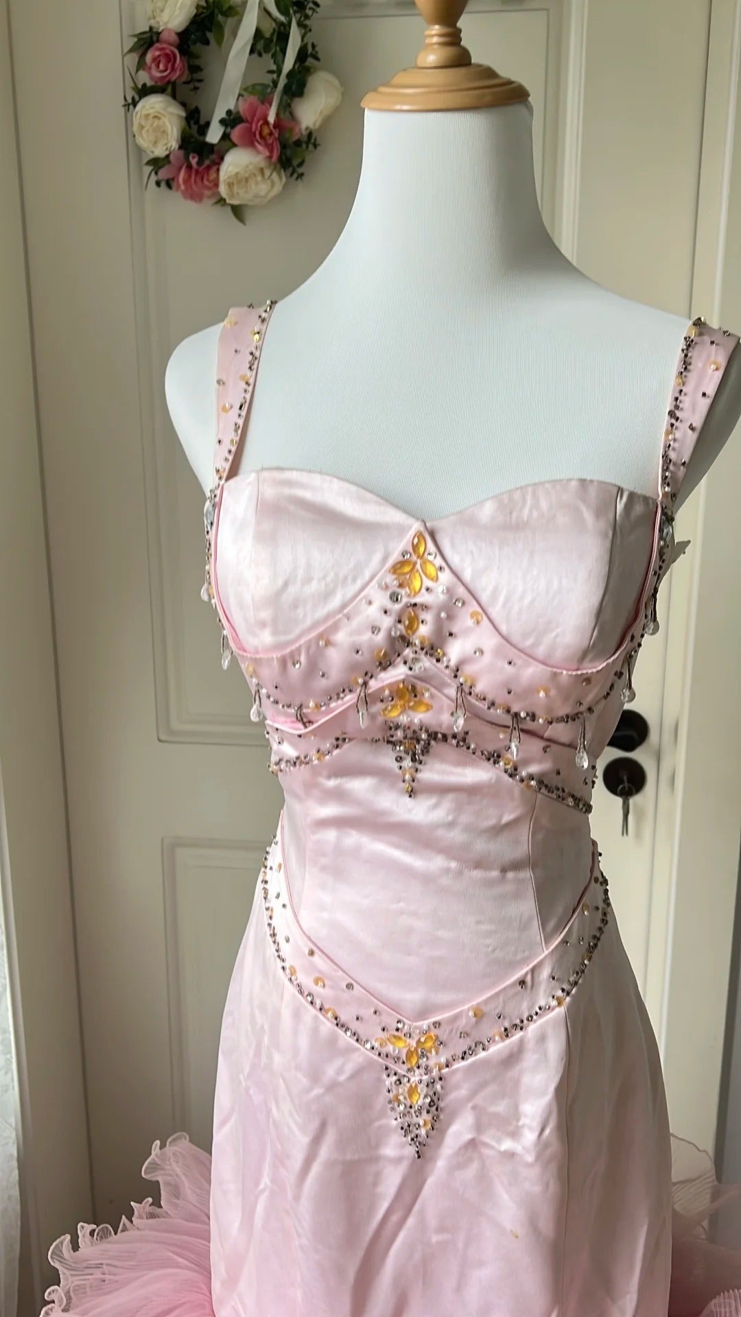 Vintage Princess Pink Mermaid Satin Tulle Train Prom Dress Evening Dress P4196