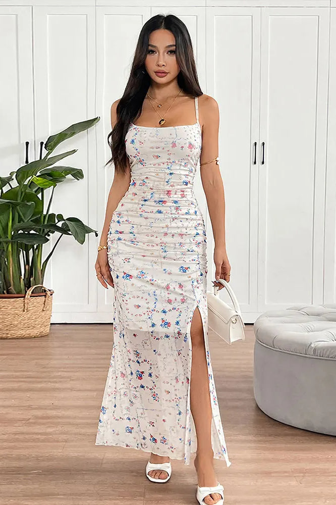 Floral Print Square Neck Ruched High-Slit Maxi Dress