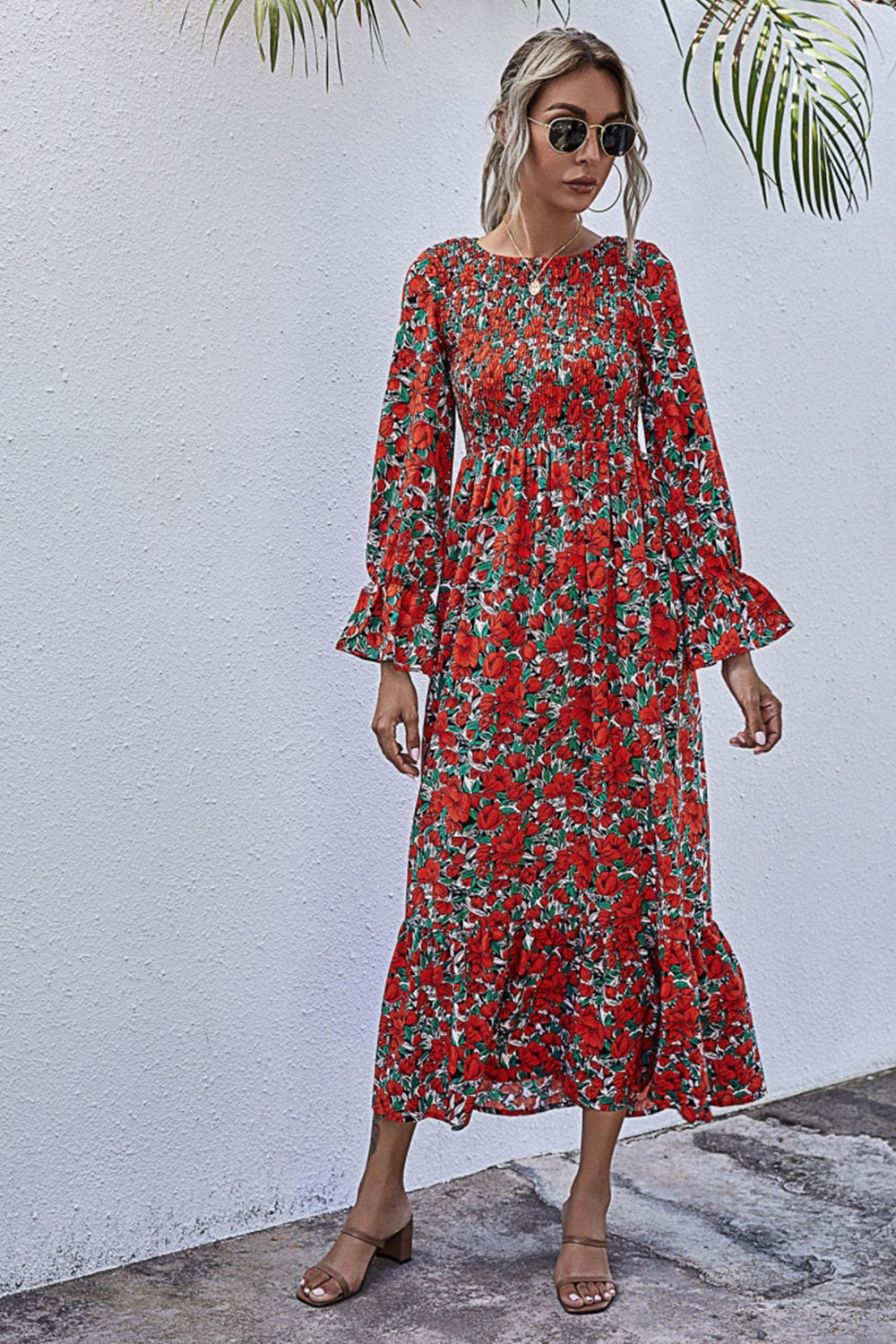 Printed Polka Dot Long Sleeve Dress - Fashionpara