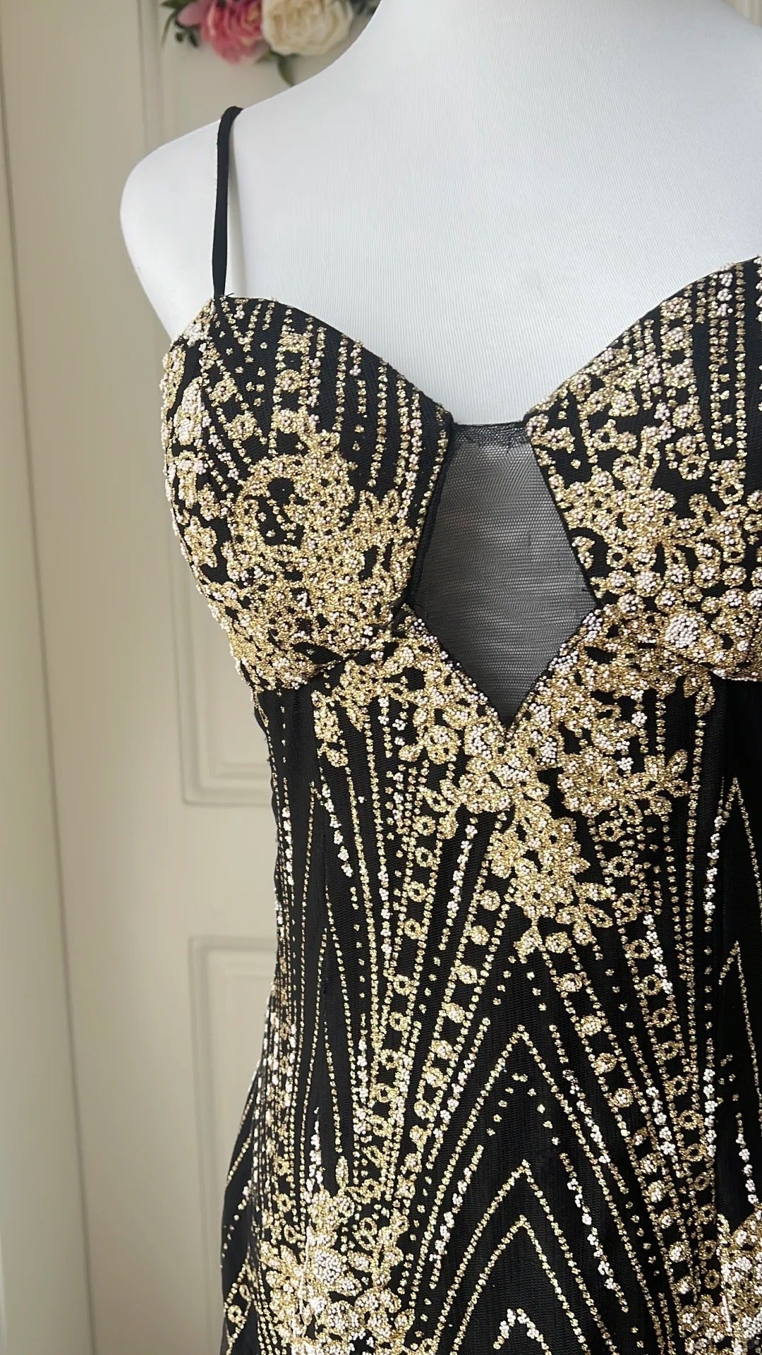 Vintage Black and Gold Mermaid Strappy Sequin Embroidered Long Prom Dress Evening Dress P4199