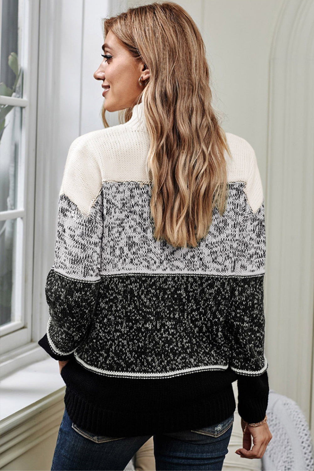 RadyRin High-Collar Knitted Sweater with Contrast Stitching