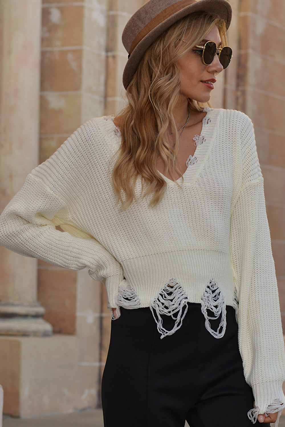 RadyRin V-neck Fringed Short Sweater for Chic Comfort