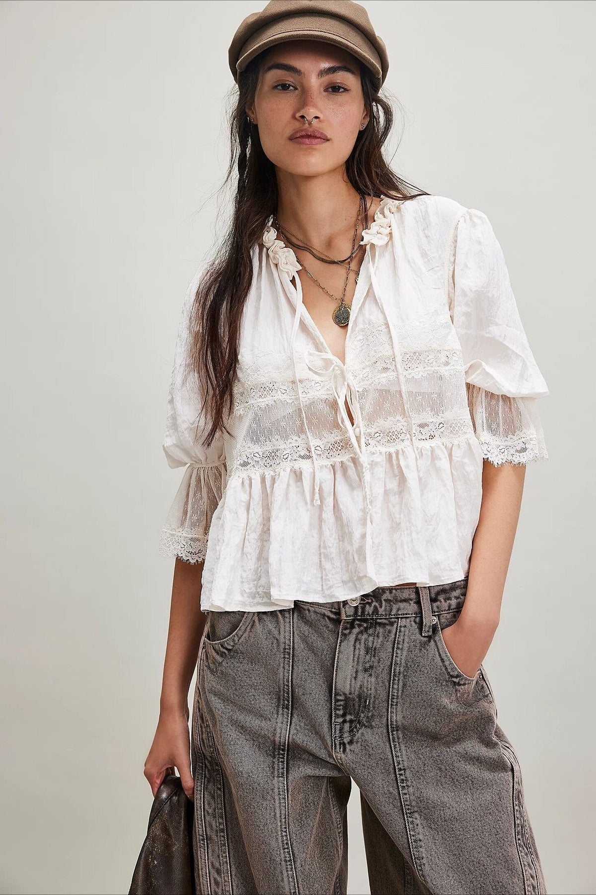 Lace Panel Ruffle Balloon Sleeve Tie Front Blouse