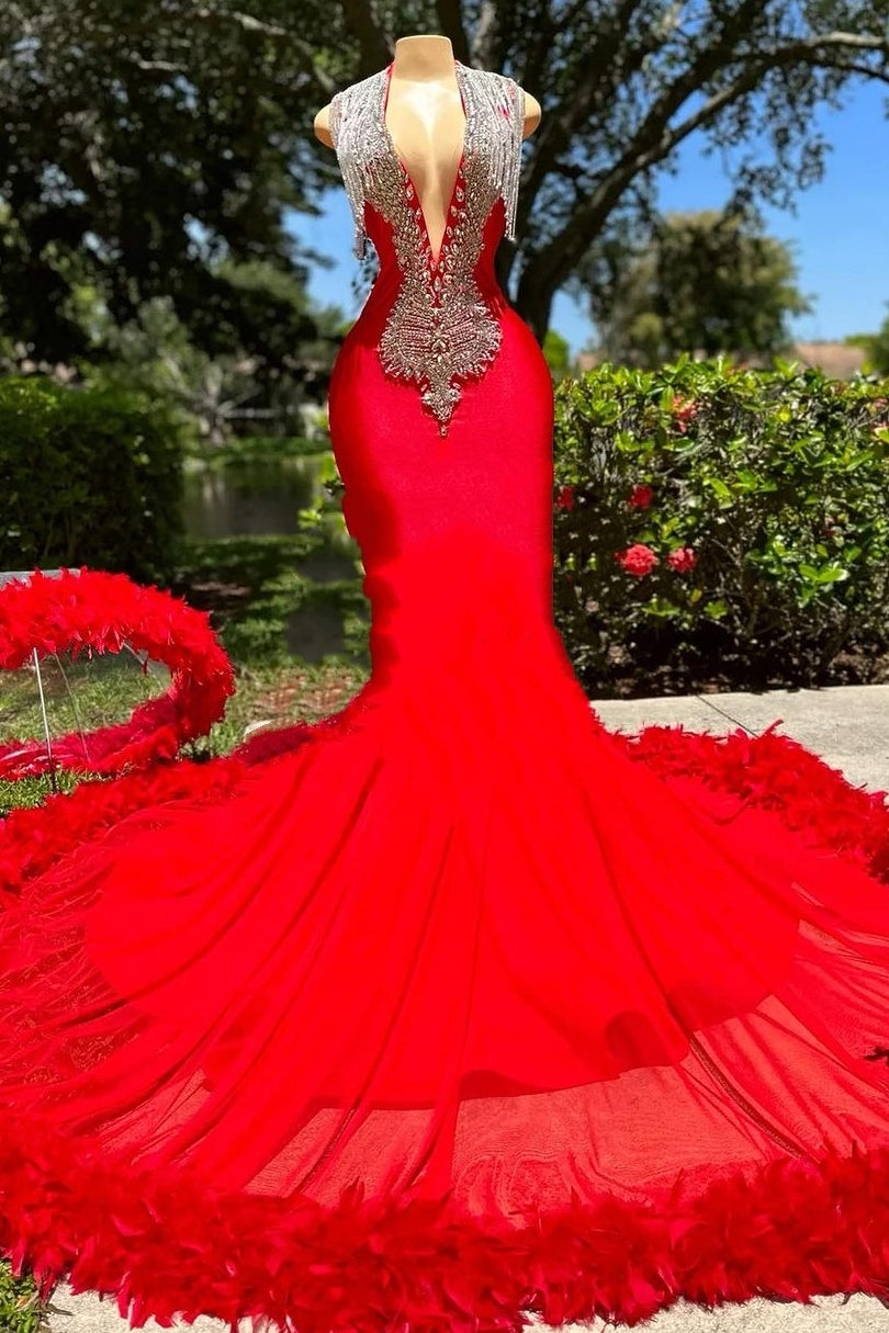 Elegant Deep V-neck Mermaid Ruby Feather Silver Beaded Prom Party Dresses - Fashionpara
