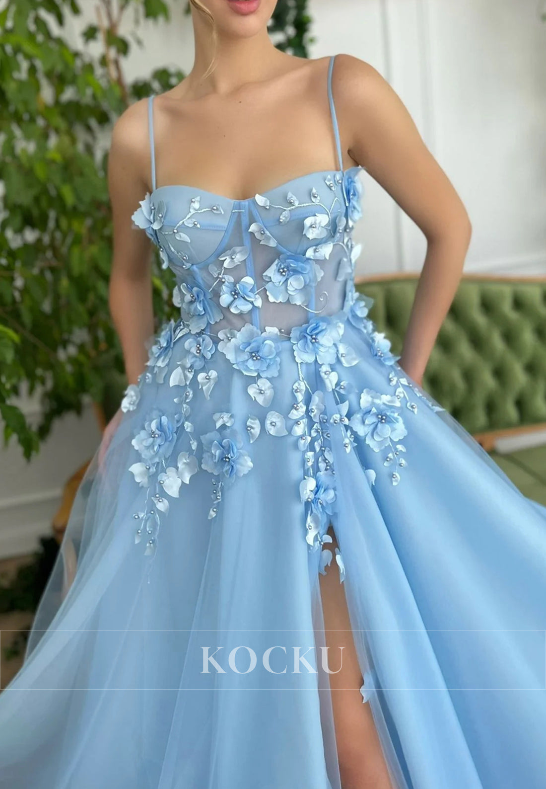 Blue Spaghetti Straps Beading Embellished Prom Dresses with Side Split