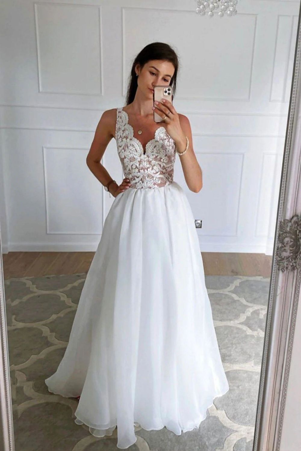 Classic A Line V Neck White Bridal Dress with Appliques - Fashionpara