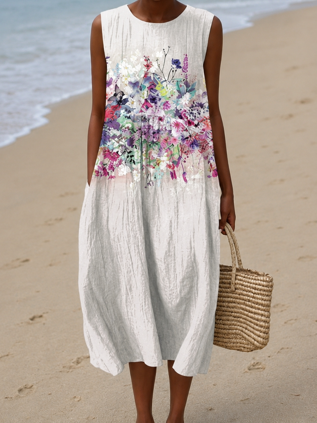 Floral Crew Neck Sleeveless Pocket Cocoon Midi Dress