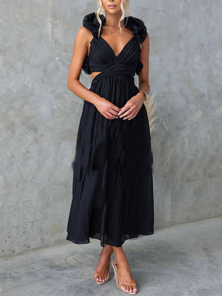 Floral Ruffle Detail Back Lace-Up Elastic Waist Maxi Dress - Fashionpara