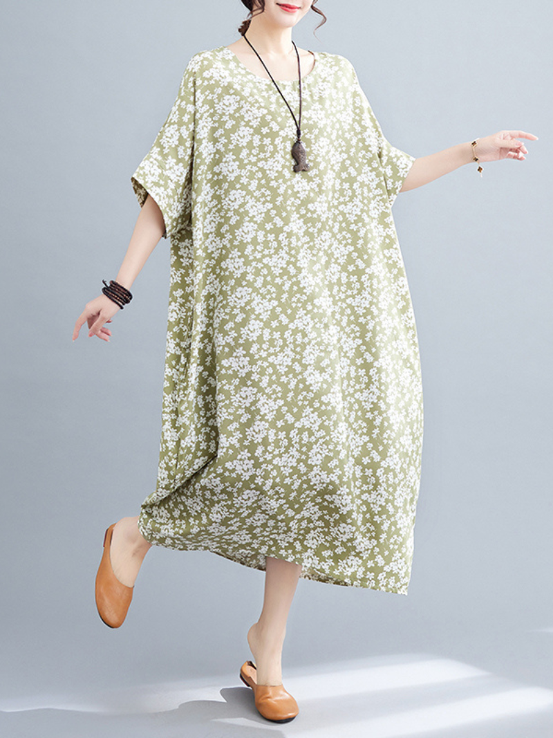 Ditsy Floral Round-Neck Batwing-Sleeve Loose Maxi Dress 5