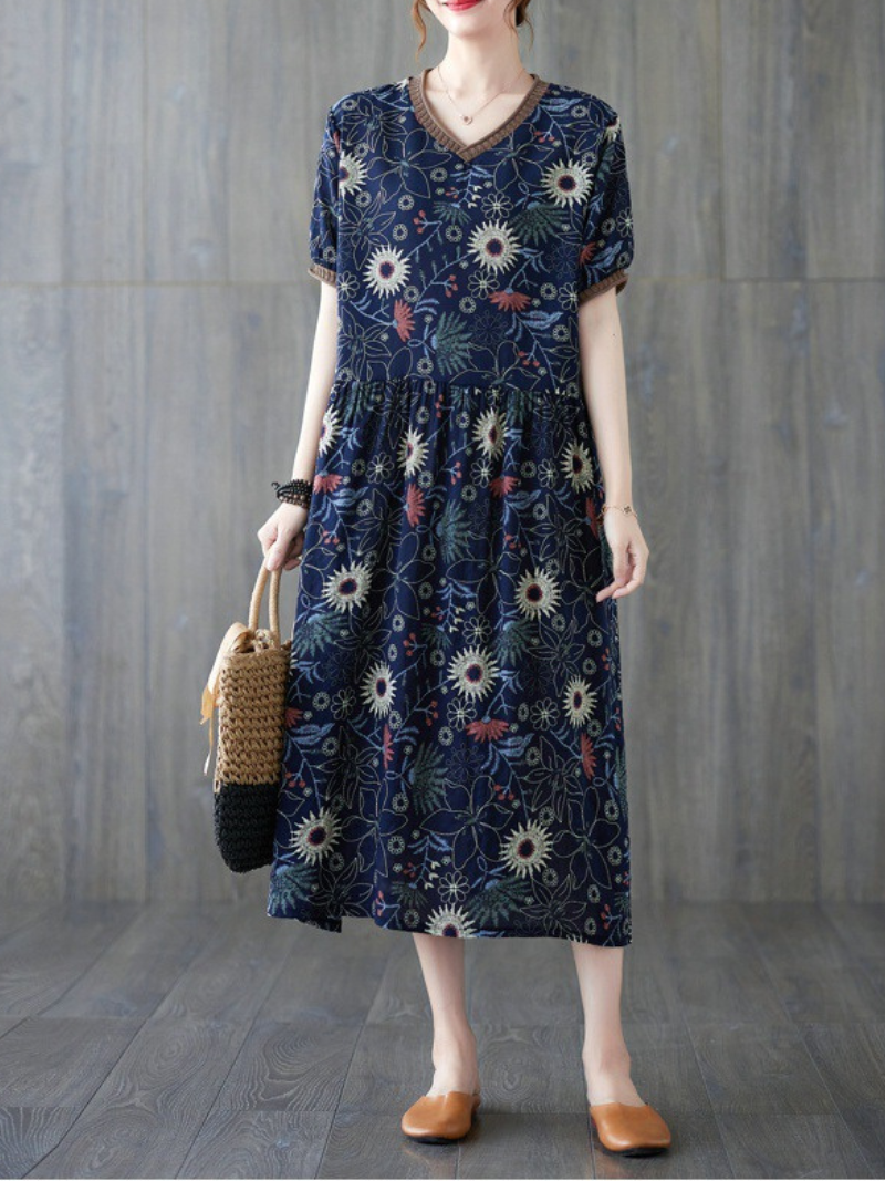 Floral Print V-Neck Short Sleeve Smock Midi Dress 2