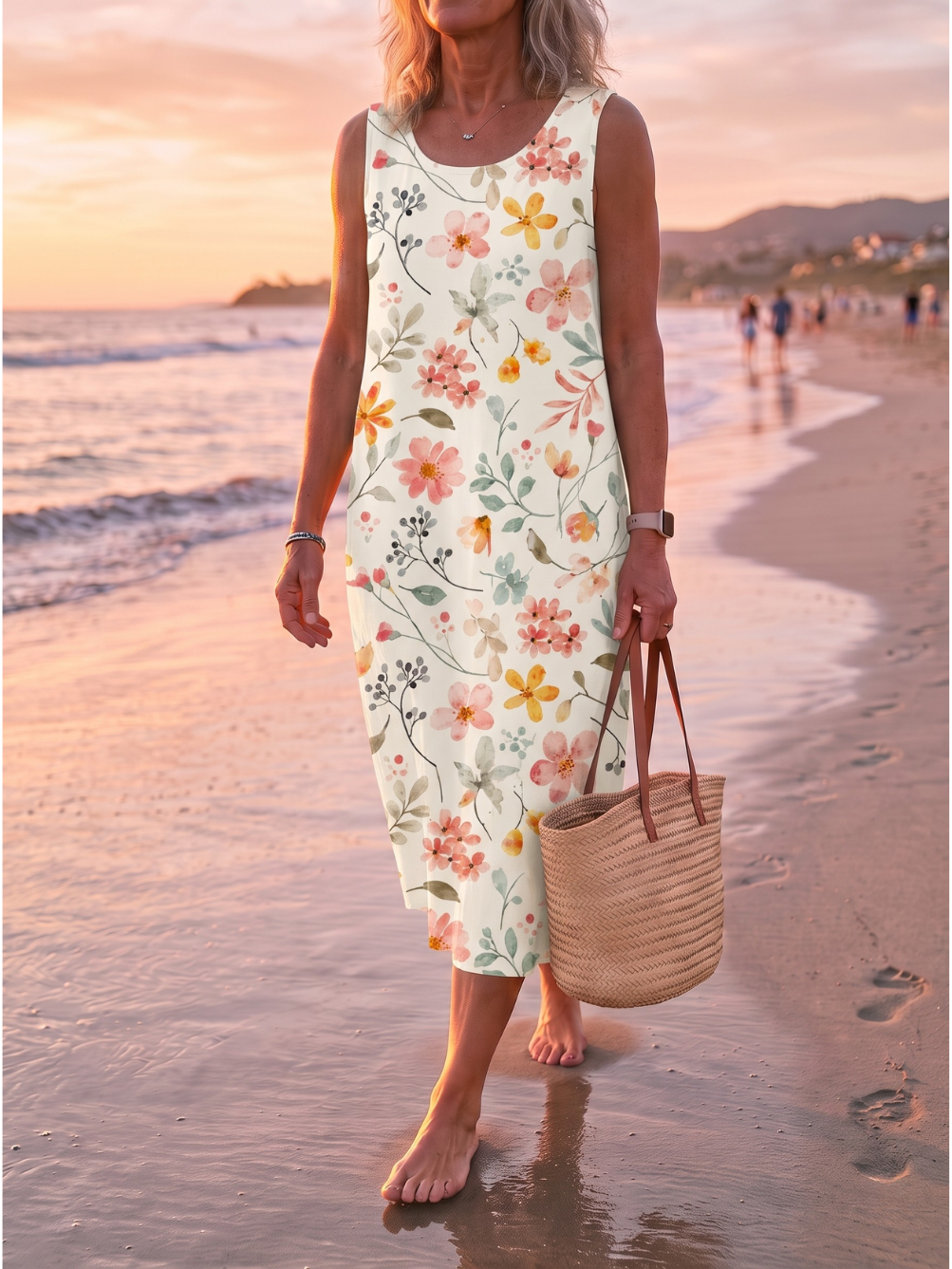 Watercolor Floral Print Scoop Neck Sleeveless Midi Dress