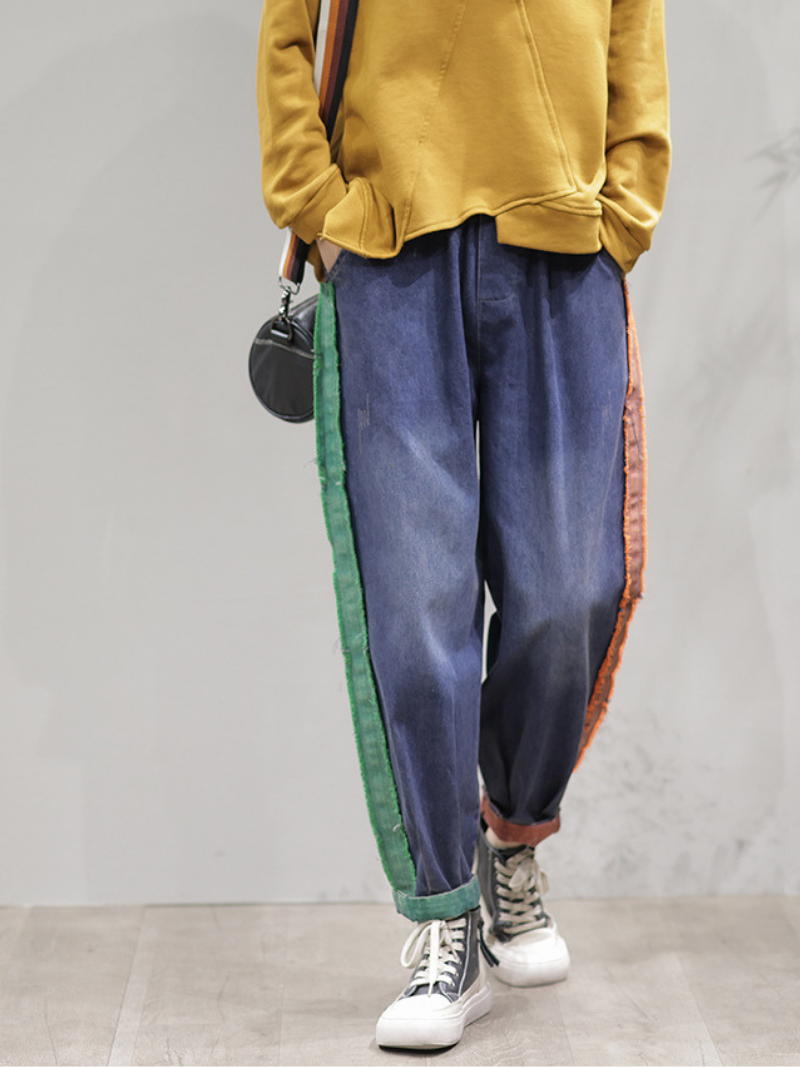 Casual Vintage Loose Fit Patch Denim Bottom Jeans Pants - Fashionpara
