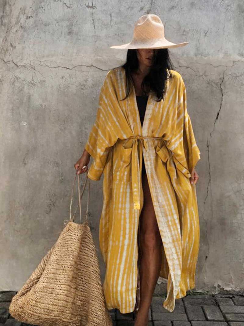 Tie-Dye Print Different Color Rayon Long Length Gown Kimono Duster Robe - Fashionpara