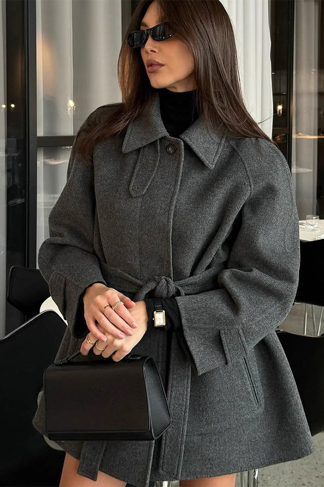 Elegant Belted Wool Coat in Solid Colors for All Seasons