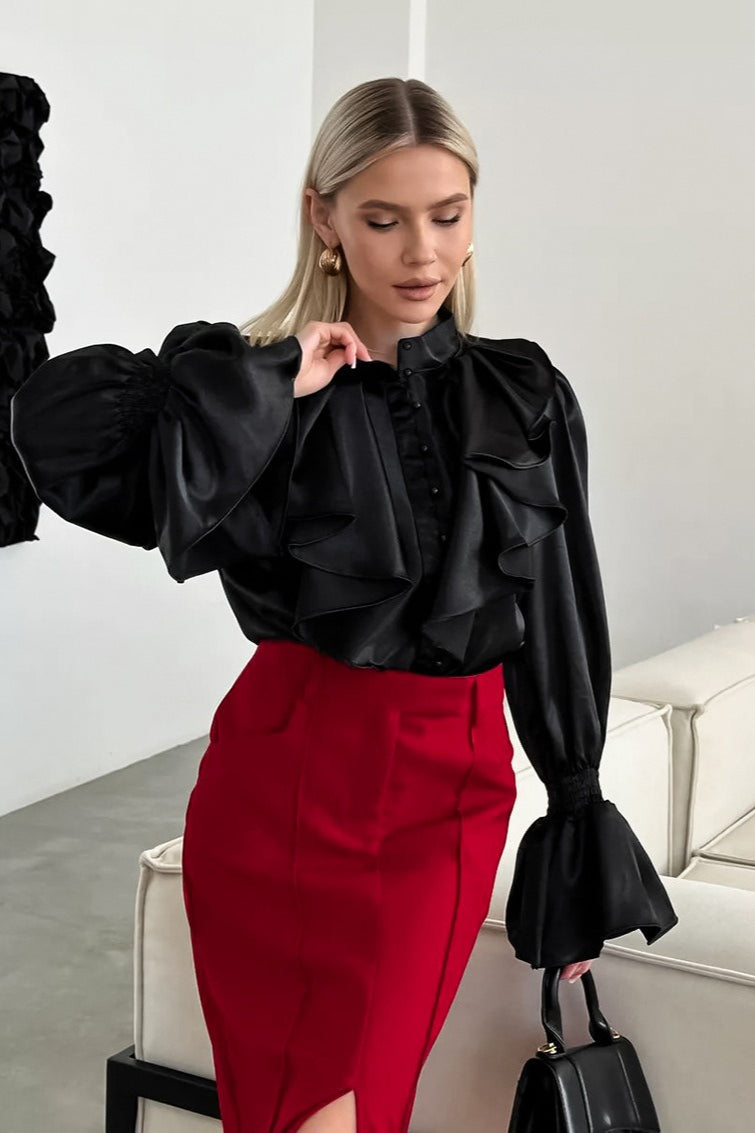 Satin Flare Sleeve Button Blouse