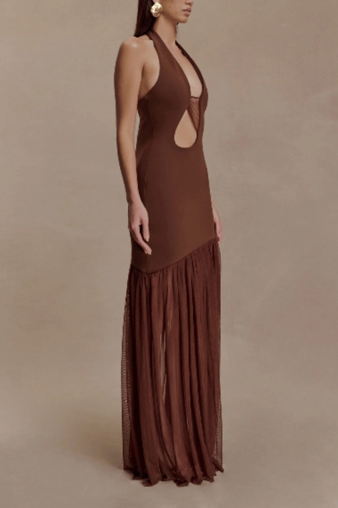 Halter Deep V Neck Cut Out Sheer Mesh Maxi Dress