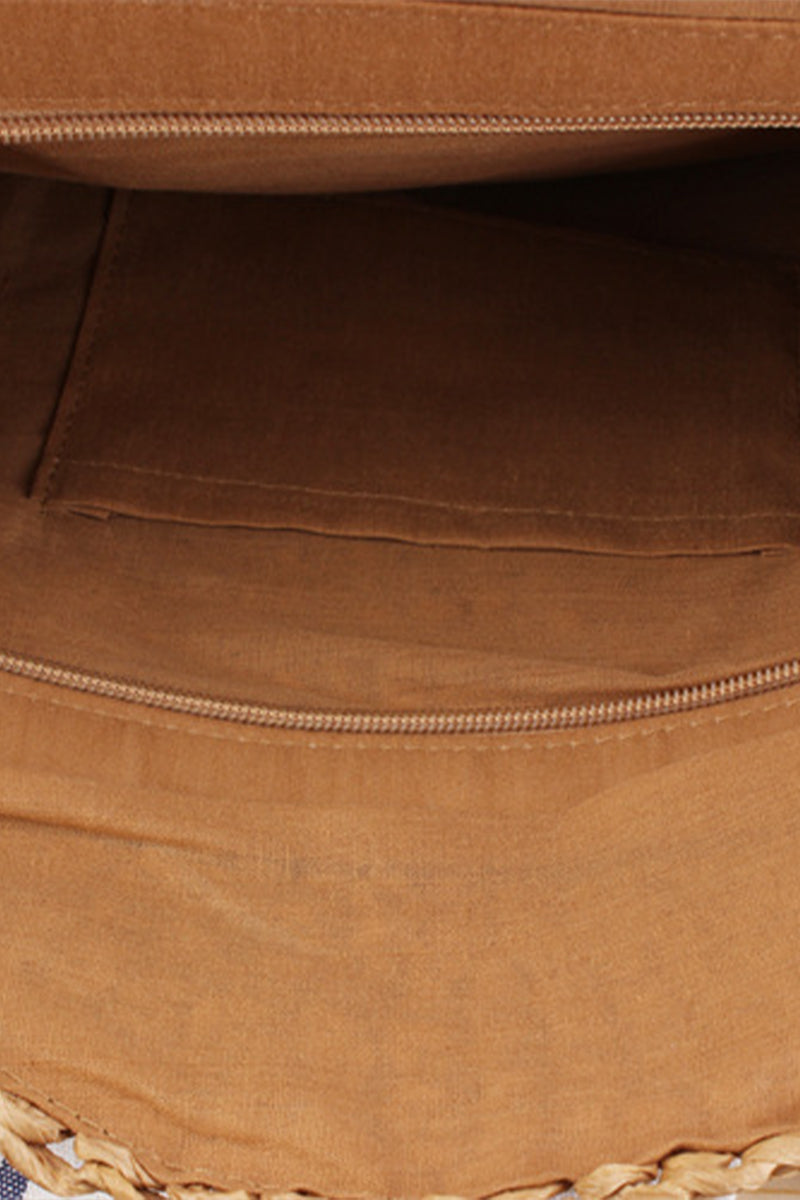 Woven Straw Splicing Contrasting Color Beach Bag - Fashionpara