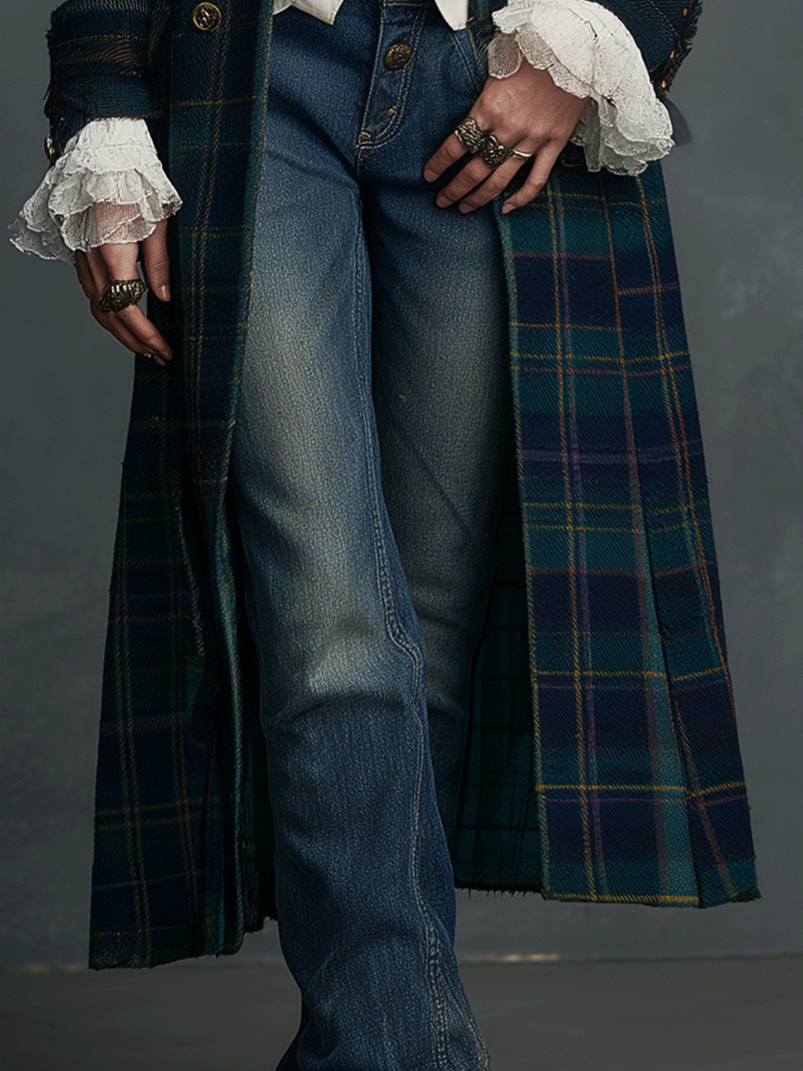 Vintage Navy Tartan Long Military Vintage Gold Buttons Coat - Fashionpara