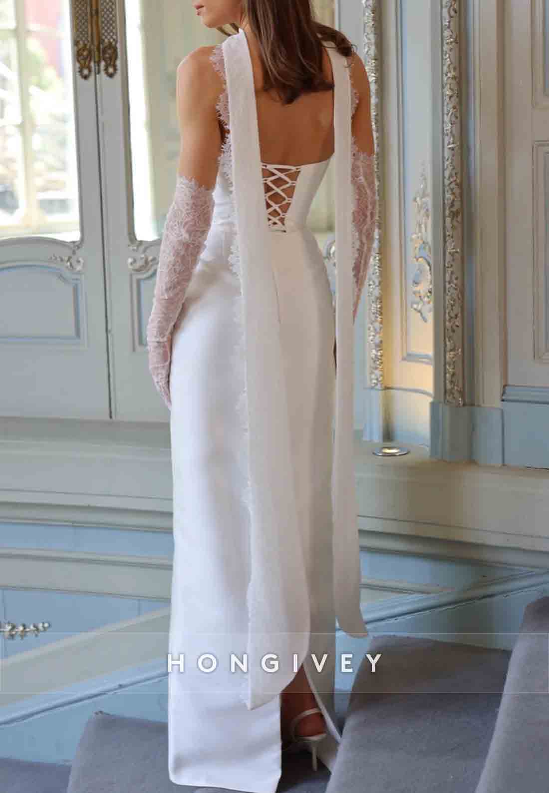 Strapless Crisscross Back Lace Sleeves Appliqued Column Wedding Dressesaa