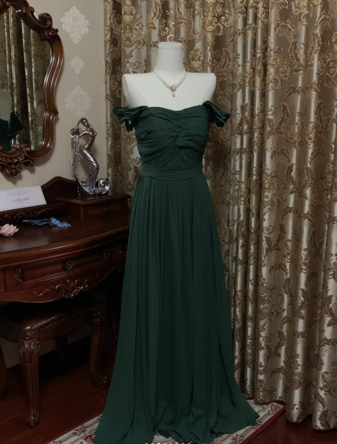 Vintage Green Off The Shoulder Satin Pleated Long Wedding Guest Dress Party Dress Prom Gown D1778