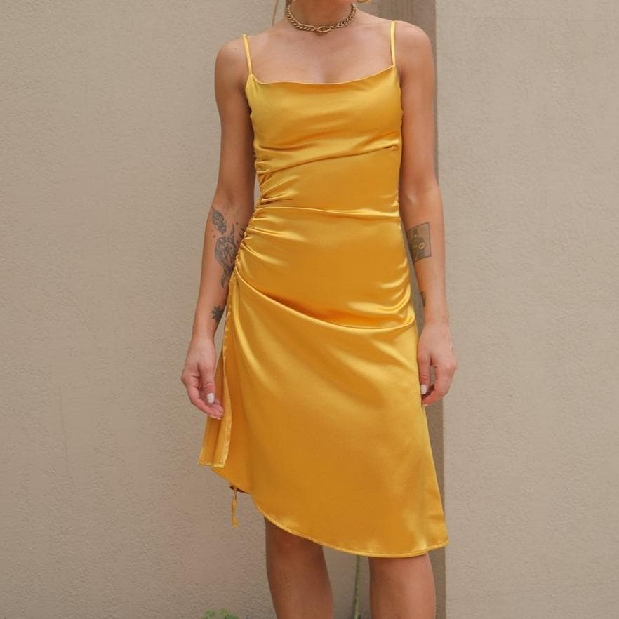 Cowl neck slit satin ruched midi dress - View 5