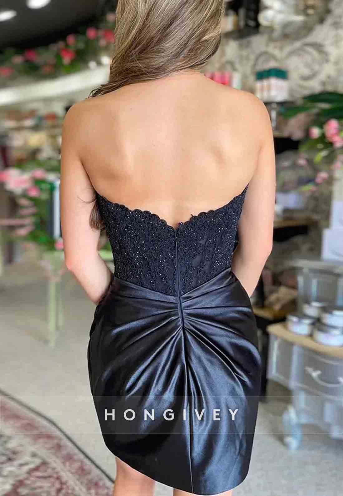 Strapless Sweetheart Sheath Pleated Appliqued Satin Mini Homecoming Dresses
