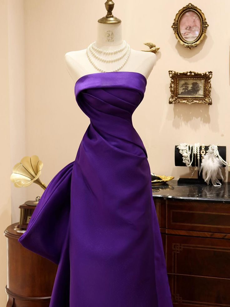 Stylish Purple Satin Strapless Pleated Mermaid Prom Dress Long Evening Dress With Bow D1613