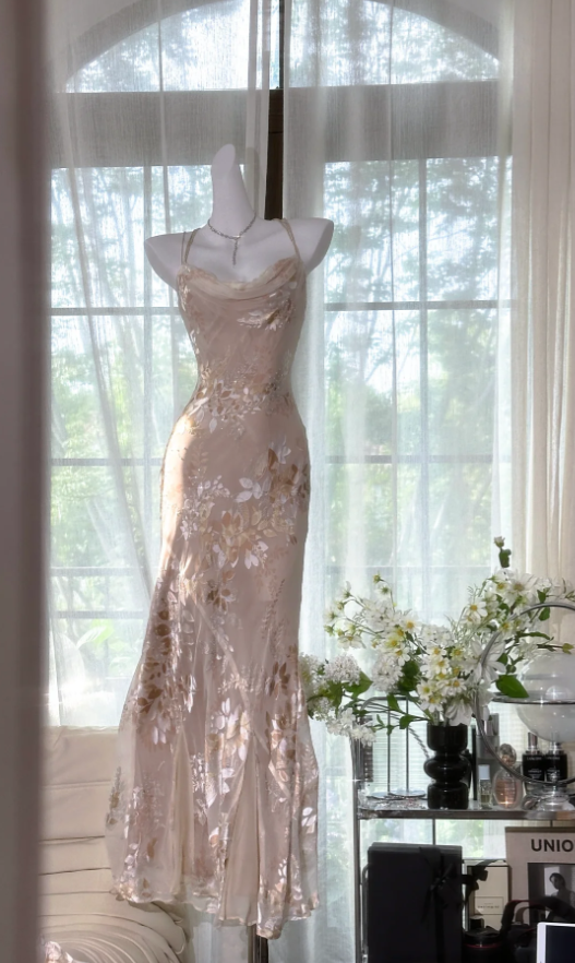 Pretty Spaghetti Straps Chiffon Print Floral Mermaid Long Party Dress Evening Gown D1379