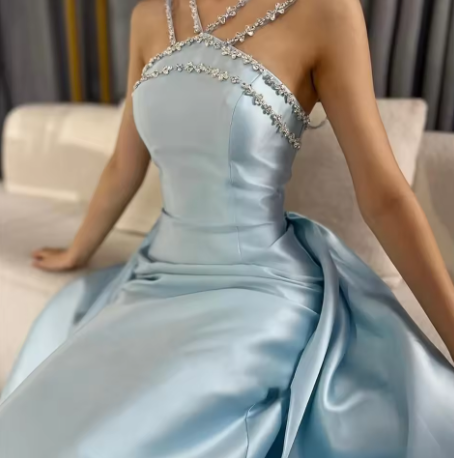 Gorgeous Blue Sleeveless Satin Beaded Mermaid Long Prom Dress Evening Gown D1080